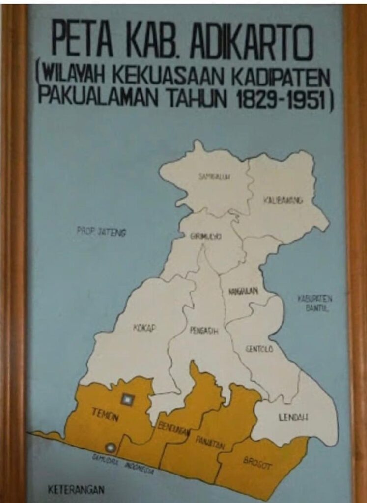 Historical map of peta kab Adikarto pakualaman era 18291951 showing coastal area with southern districts shaded in orange and labeled along the coast
